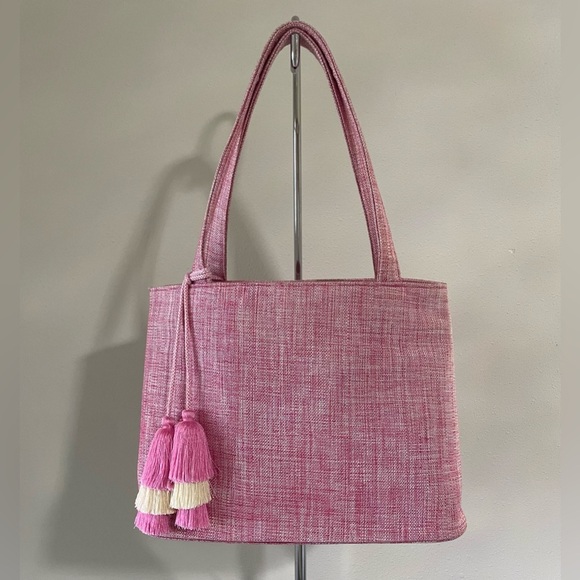 🩷 Beautiful Pink Woven Tote Bag with Tassels by David Jeffery NWOT - Picture 1 of 9